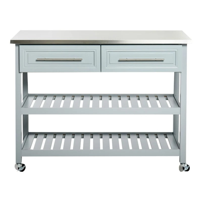 Light Gray Rolling Kitchen Island 2 Drawers Storage with Stainless Steel Top-0