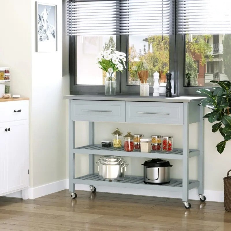 Light Gray Rolling Kitchen Island 2 Drawers Storage with Stainless Steel Top-2