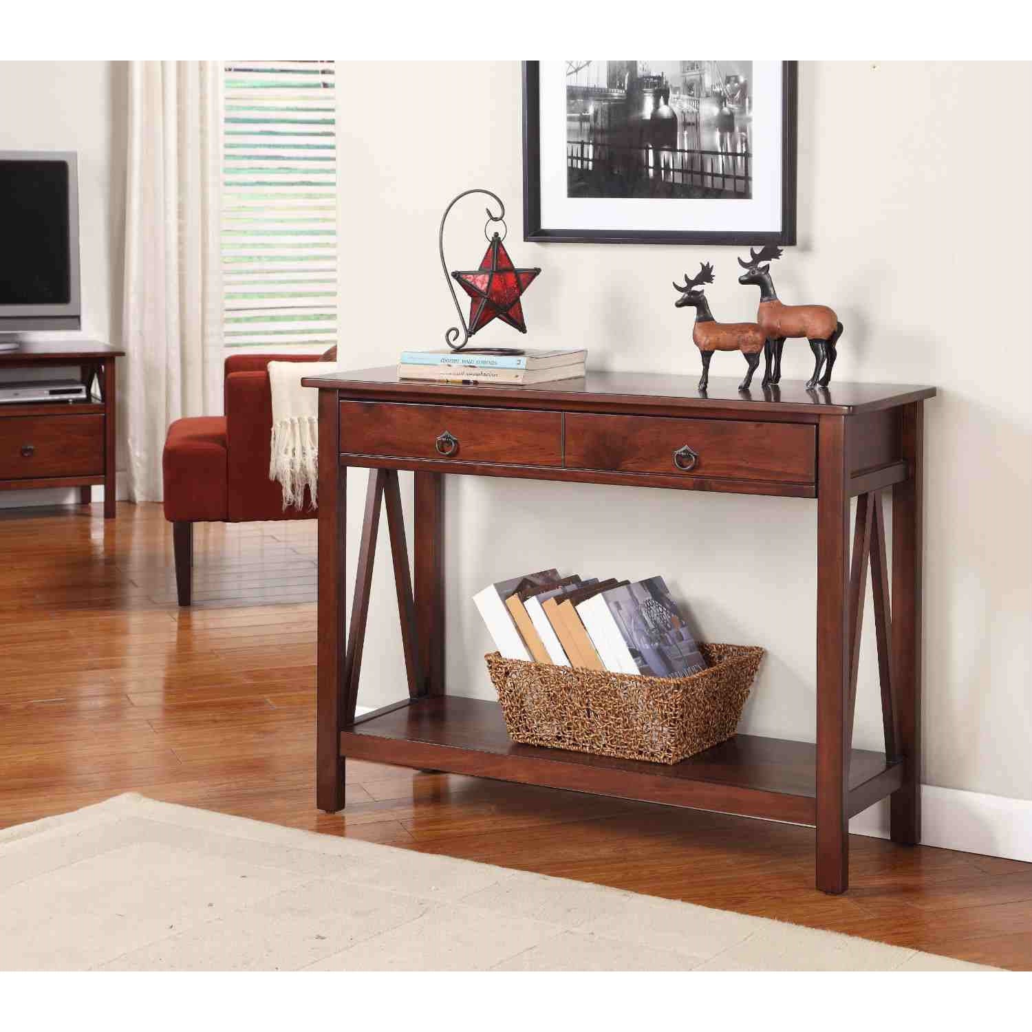 2-Drawer Console Sofa Table Living Room Storage Shelf in Tobacco Brown-2