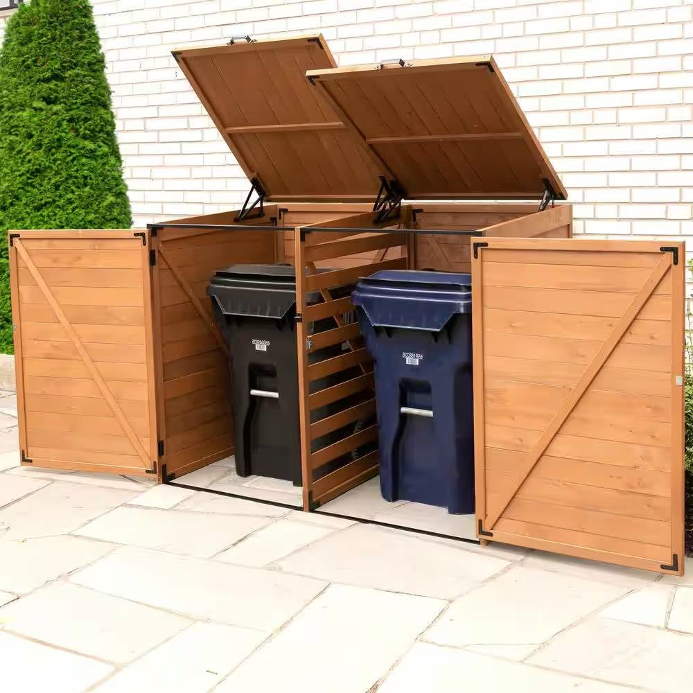 Outdoor Solid Wood Trash Can Garbage Bin Storage Shed - Holds 2 Trash Bins-0