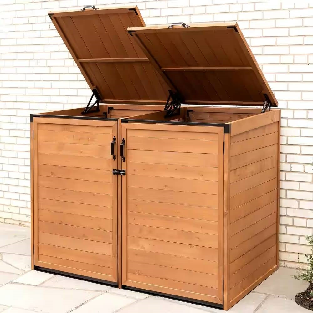 Outdoor Solid Wood Trash Can Garbage Bin Storage Shed - Holds 2 Trash Bins-1