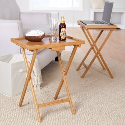 Set of 2 Bamboo Wood TV Table Snack Coffee Tables in Natural-0