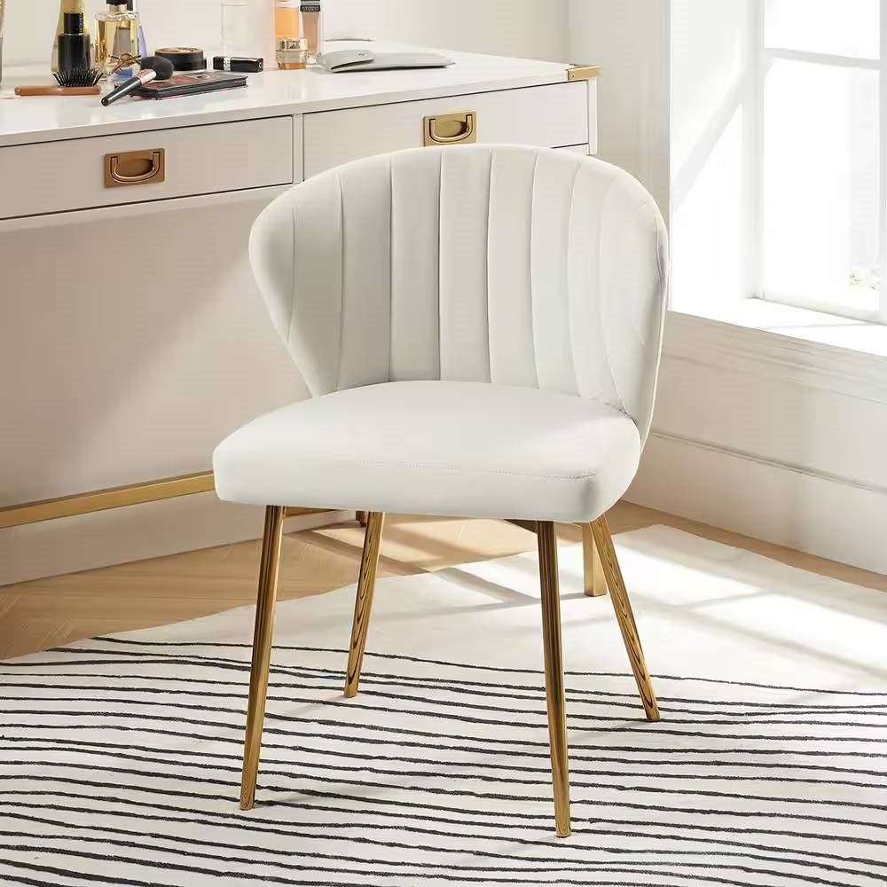 Ivory White Velvet Upholstered Wingback Accent Side Chair with Gold Metal Legs-0