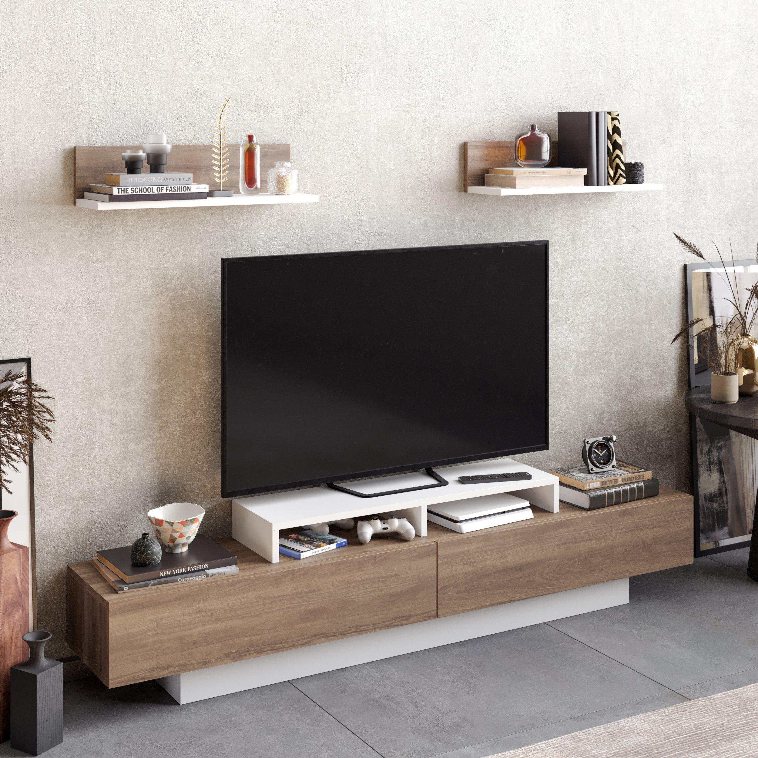 Lusi 71" Wide TV Stand for TVs up to 80" with 2 Wall Shelves