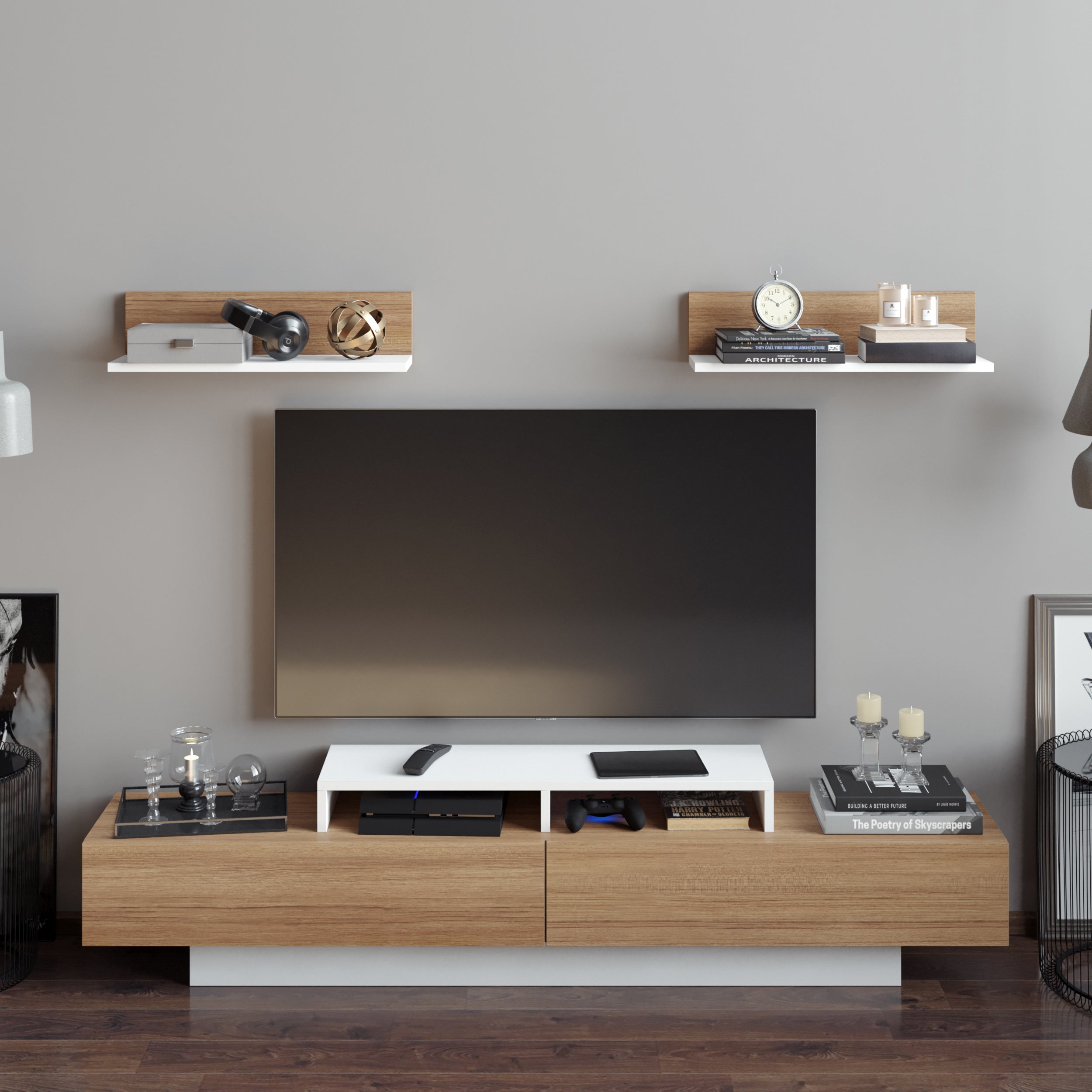 Lusi 71" Wide TV Stand for TVs up to 80" with 2 Wall Shelves