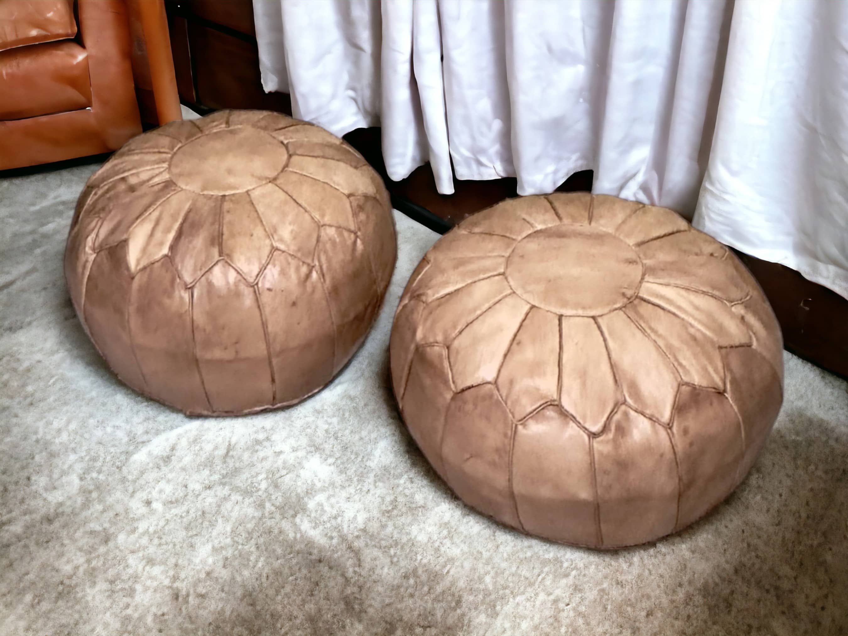 Moroccan Charm: Natural-Tan Leather Ottoman Pouf-2