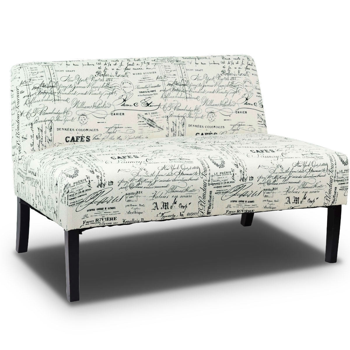 Modern Loveseat Sofa with Off-White Cursive Pattern Upholstery and Black Wood Legs-0