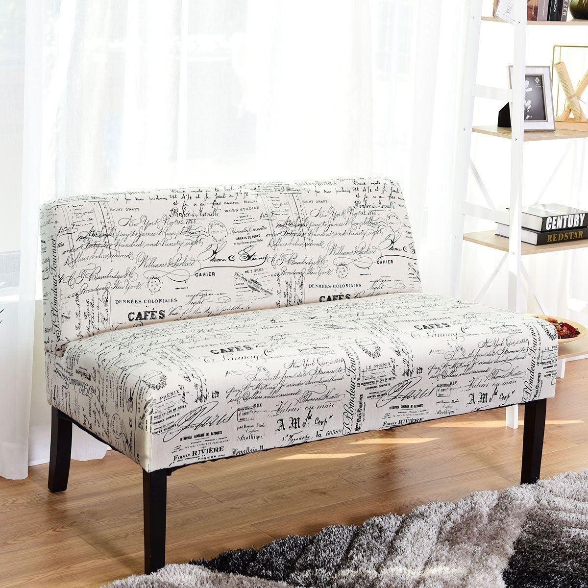 Modern Loveseat Sofa with Off-White Cursive Pattern Upholstery and Black Wood Legs-1