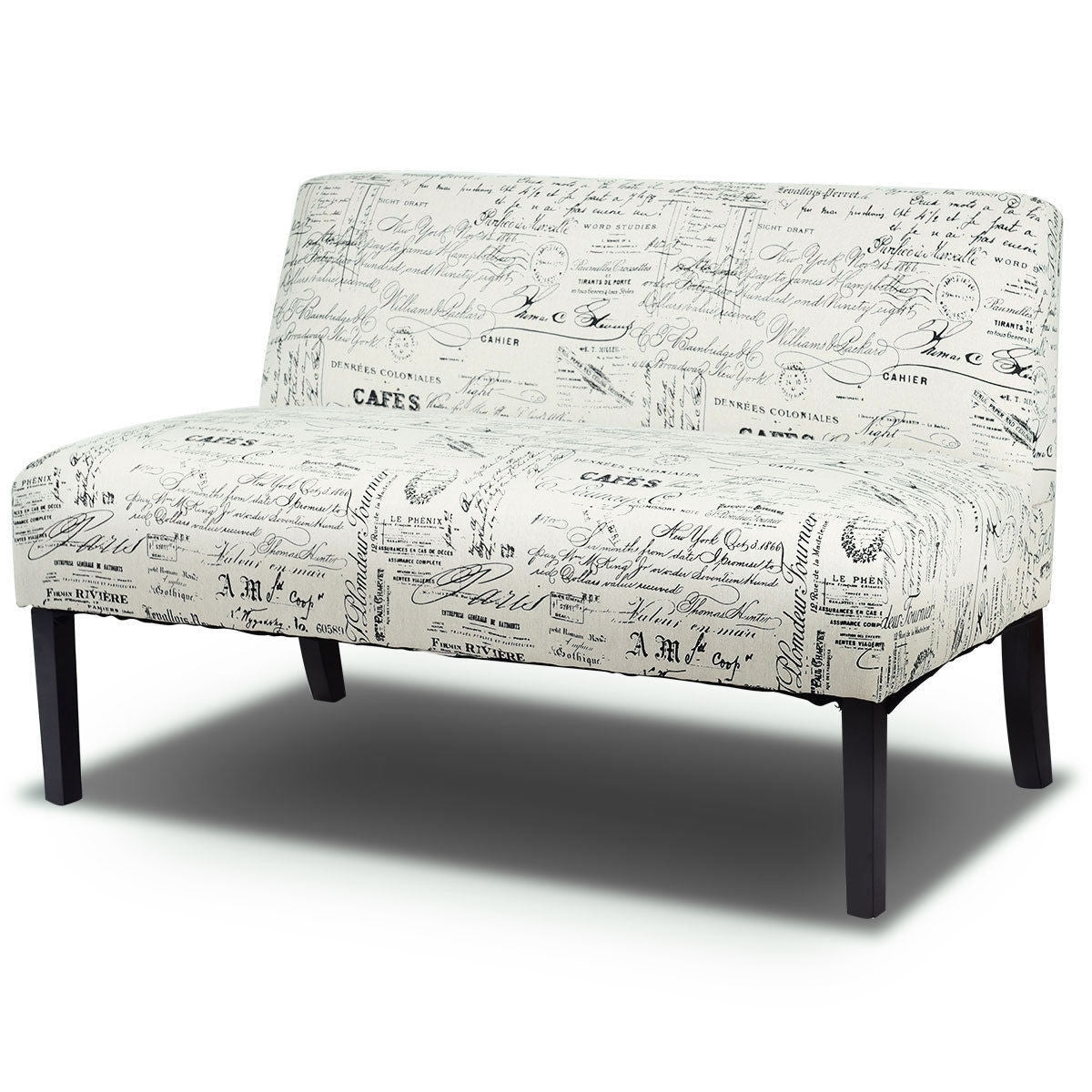 Modern Loveseat Sofa with Off-White Cursive Pattern Upholstery and Black Wood Legs-3