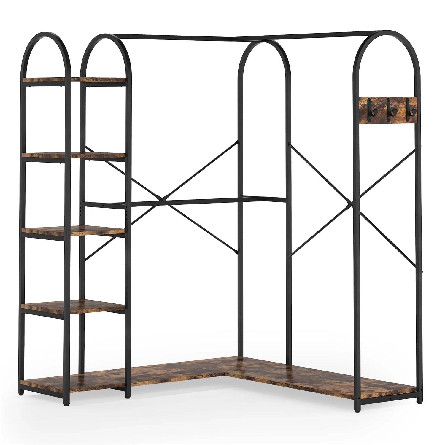 Corner L-Shaped Garment Rack with Clothing Hanging Rods and Storage Shelves-0