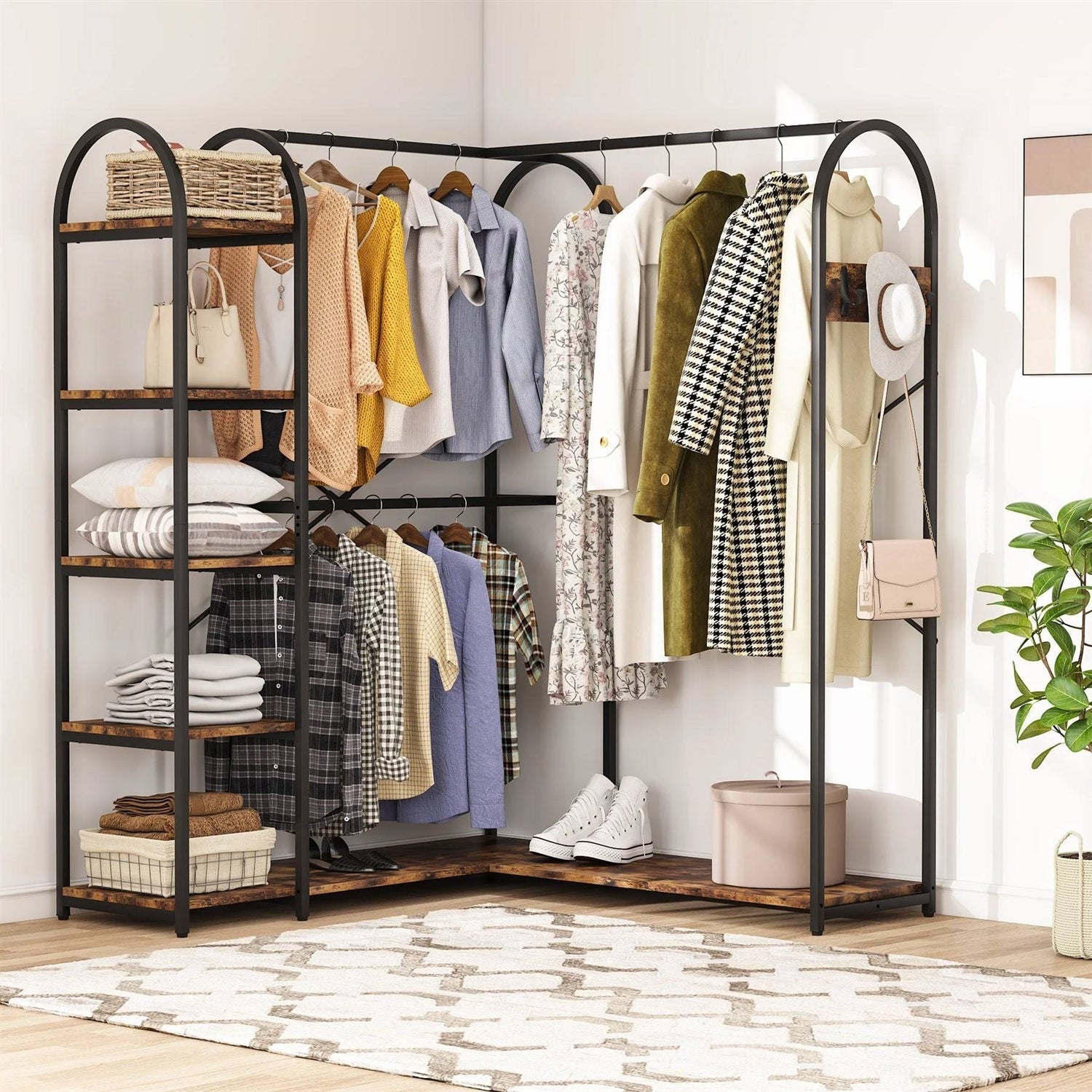 Corner L-Shaped Garment Rack with Clothing Hanging Rods and Storage Shelves-1