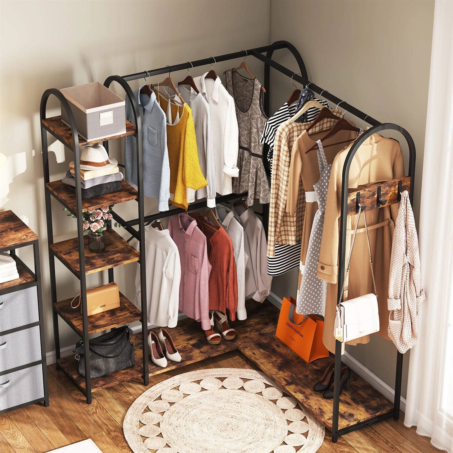 Corner L-Shaped Garment Rack with Clothing Hanging Rods and Storage Shelves-2