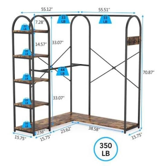 Corner L-Shaped Garment Rack with Clothing Hanging Rods and Storage Shelves-4