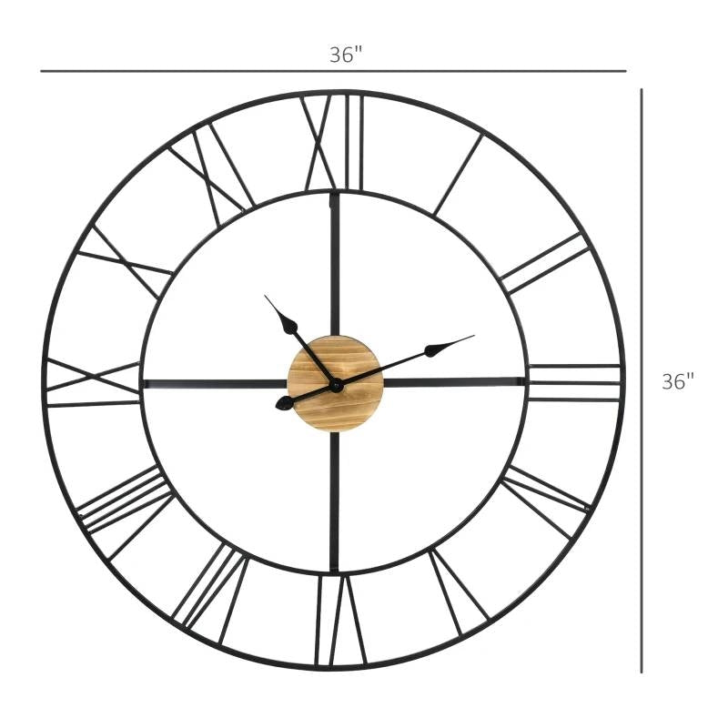 36-inch Metal Silent Wall Clock with Roman Numerals and Wooden Center-4