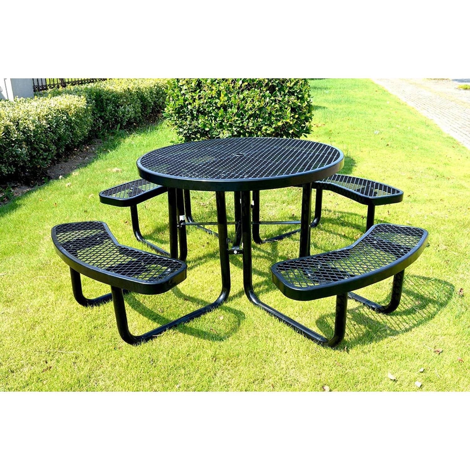 Heavy Duty Steel Metal Round Picnic Table w/ 4 Benches Outdoor Patio Dining Set-2