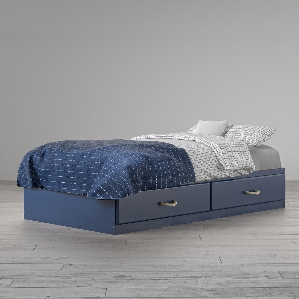 Twin Size Blue Platform Bed with 2 Storage Drawers Rope Handles-2