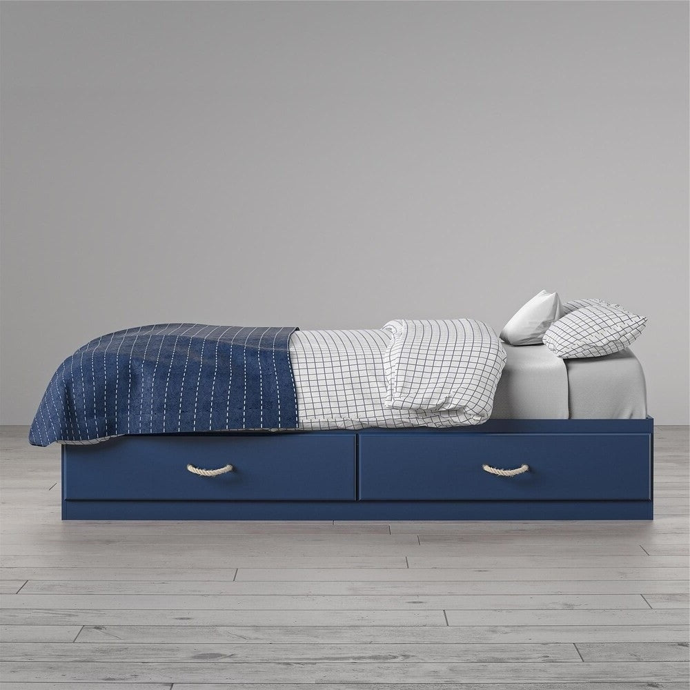 Twin Size Blue Platform Bed with 2 Storage Drawers Rope Handles-3