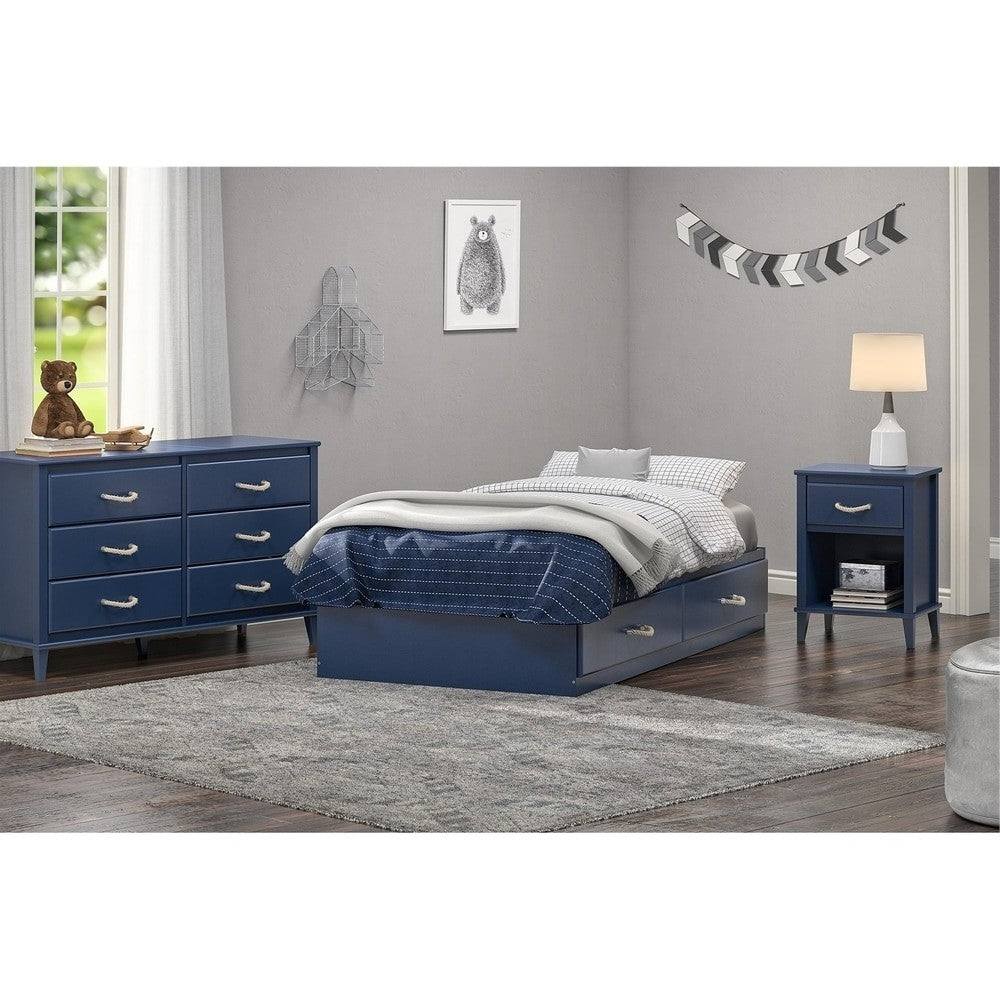 Twin Size Blue Platform Bed with 2 Storage Drawers Rope Handles-4