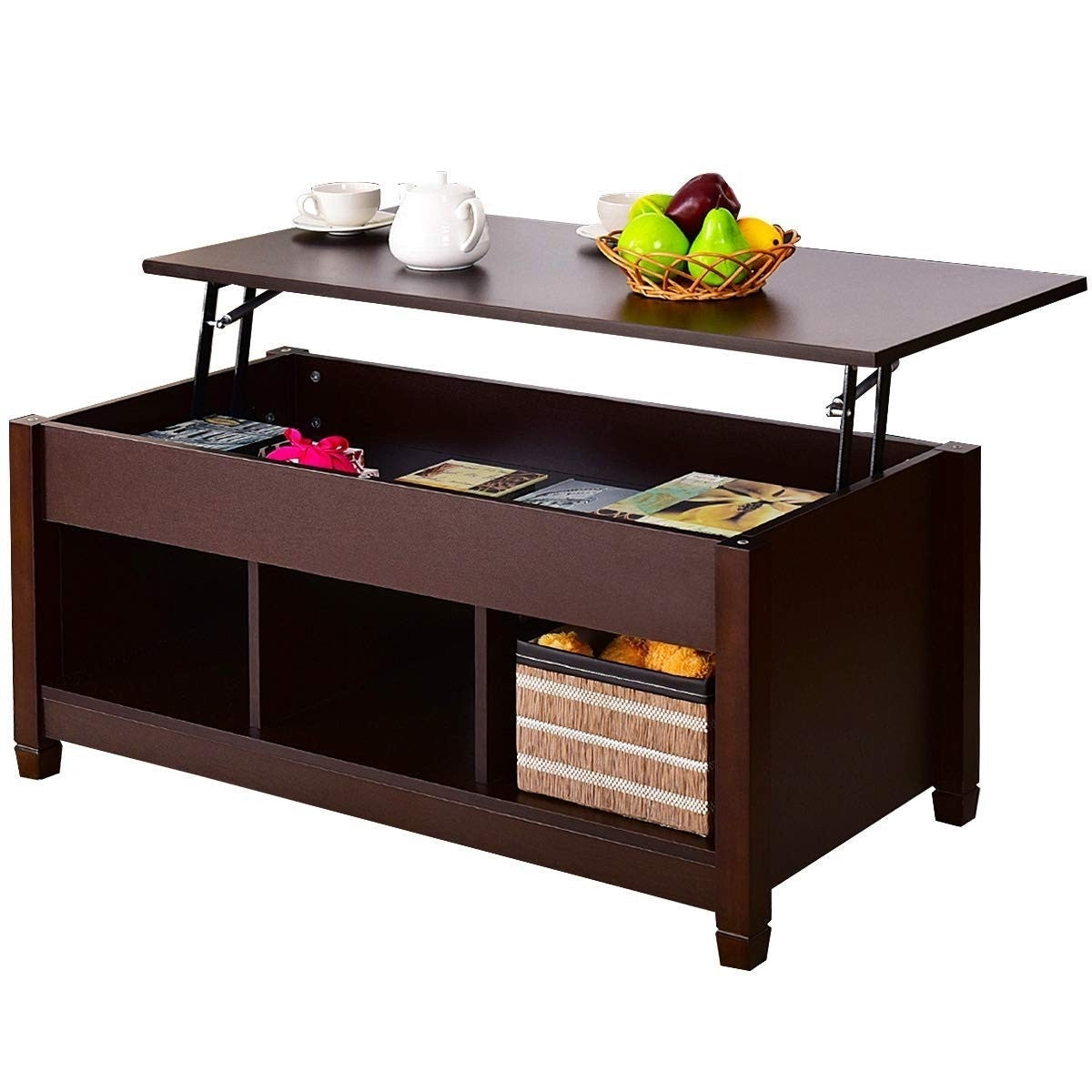 Brown Wood Lift Top Coffee Table with Hidden Storage Space-0