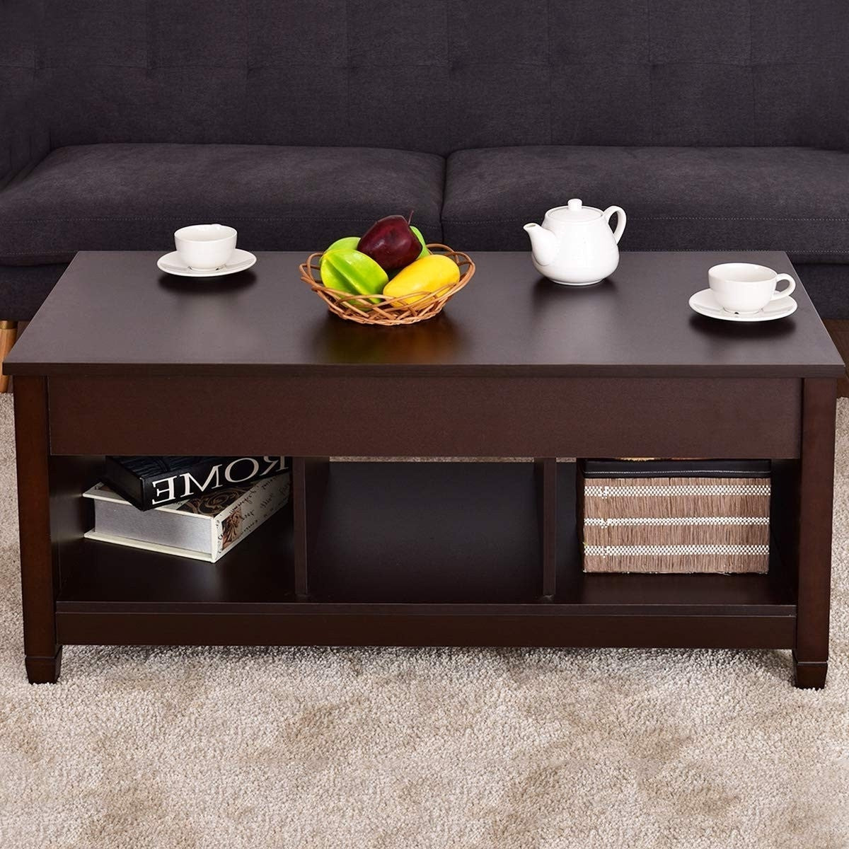 Brown Wood Lift Top Coffee Table with Hidden Storage Space-3