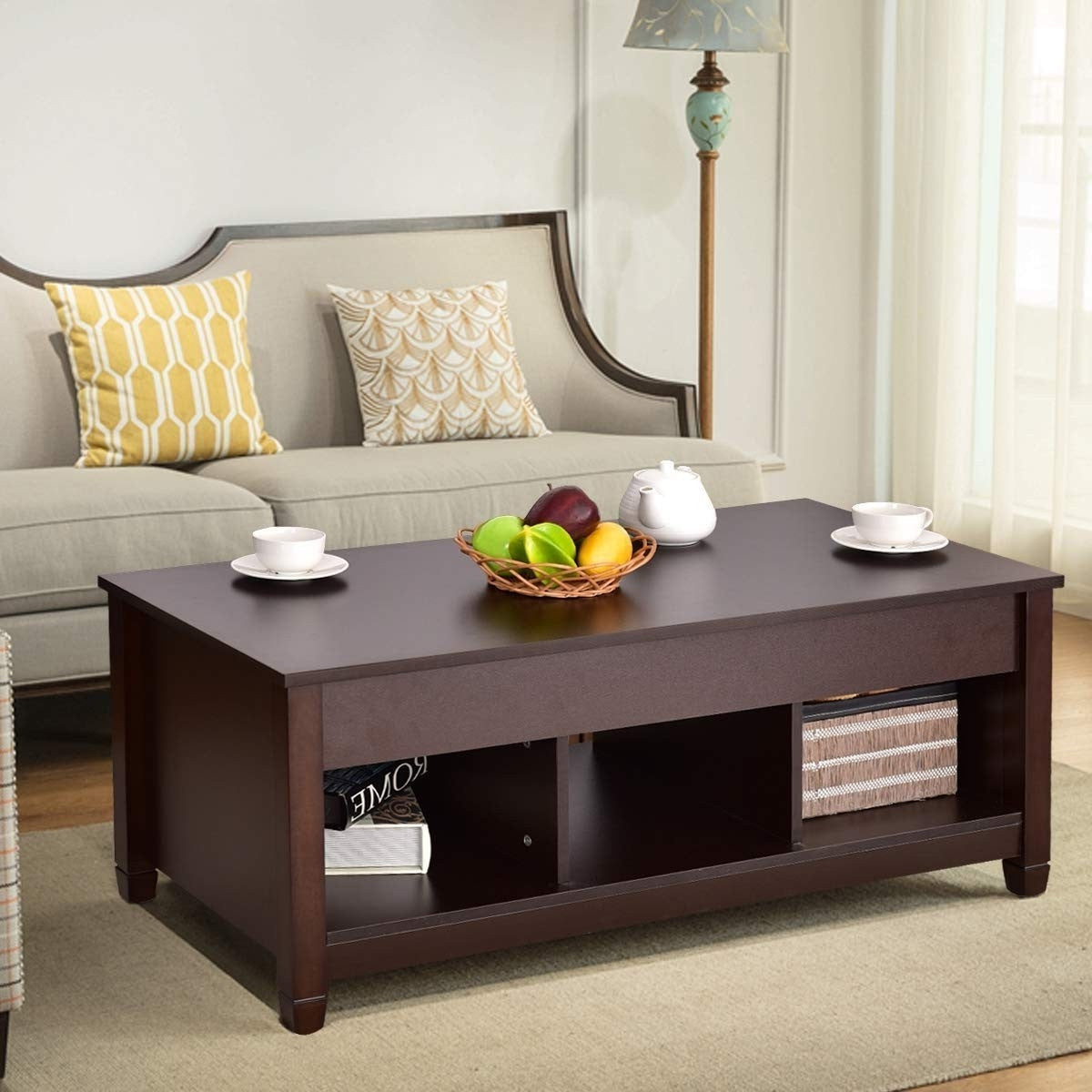 Brown Wood Lift Top Coffee Table with Hidden Storage Space-4