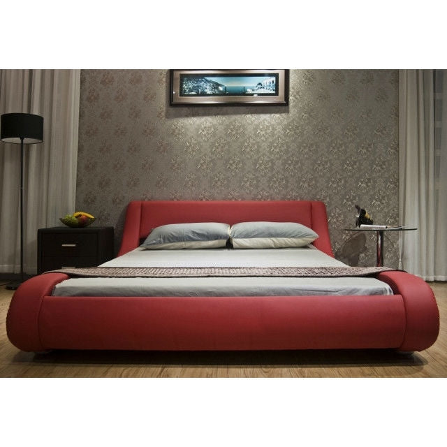 King size Modern Red Faux Leather Upholstered Platform Bed with Curved Headboard-1