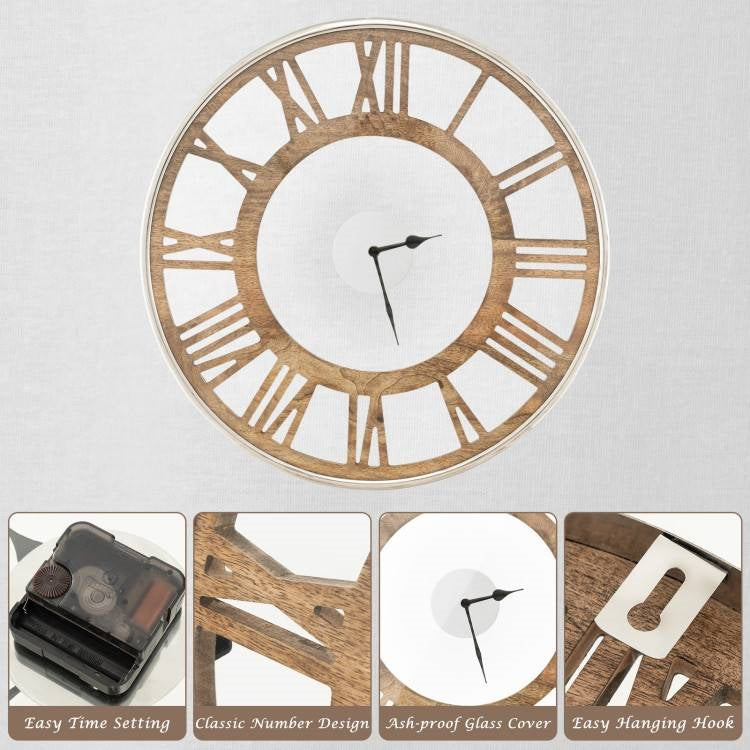 20-inch Classic Farmhouse Natural Wood Roman Numerals Wall Clock-3