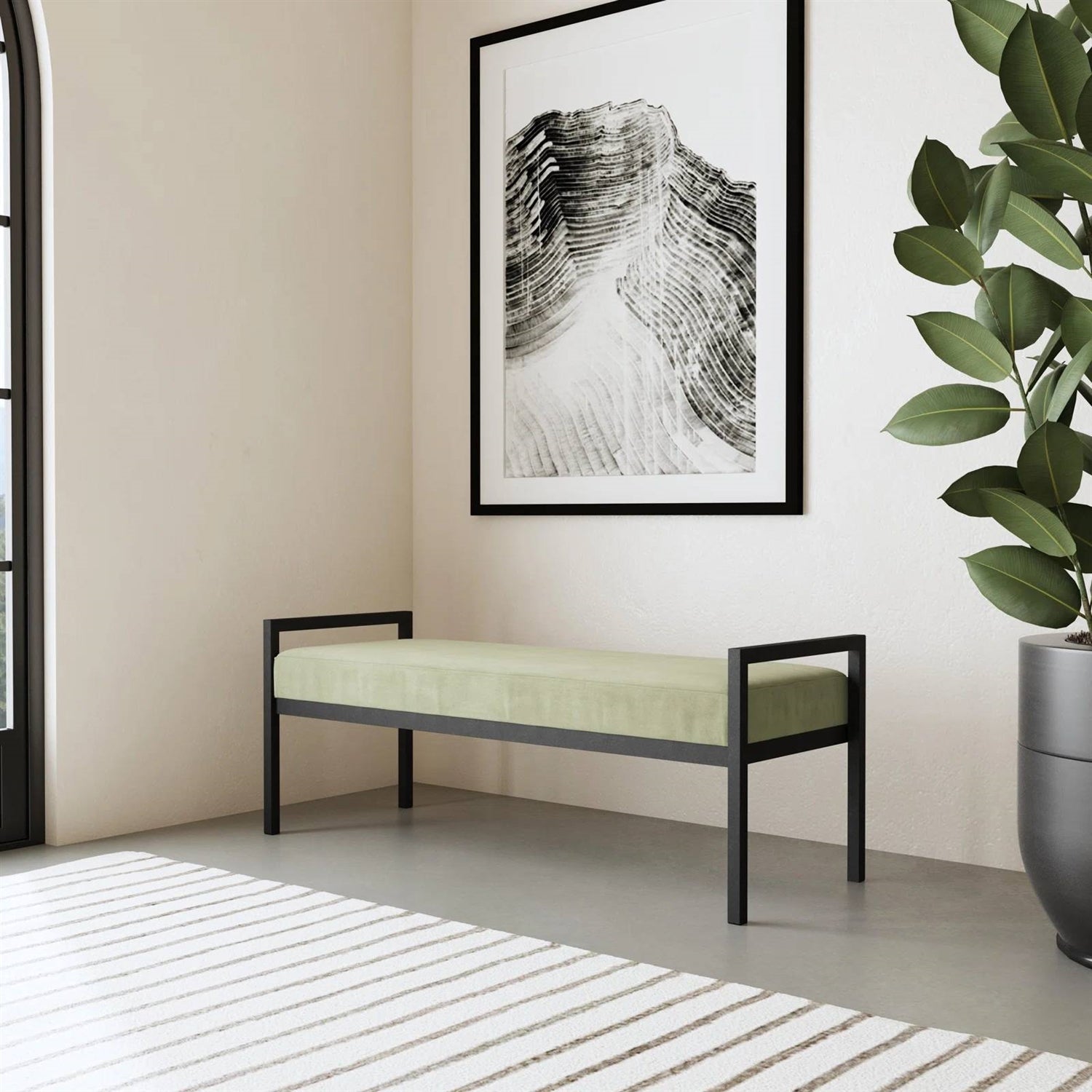 Modern Industrial Bed Bench with Black Metal Frame and Sage Green Velvet Cushion-0