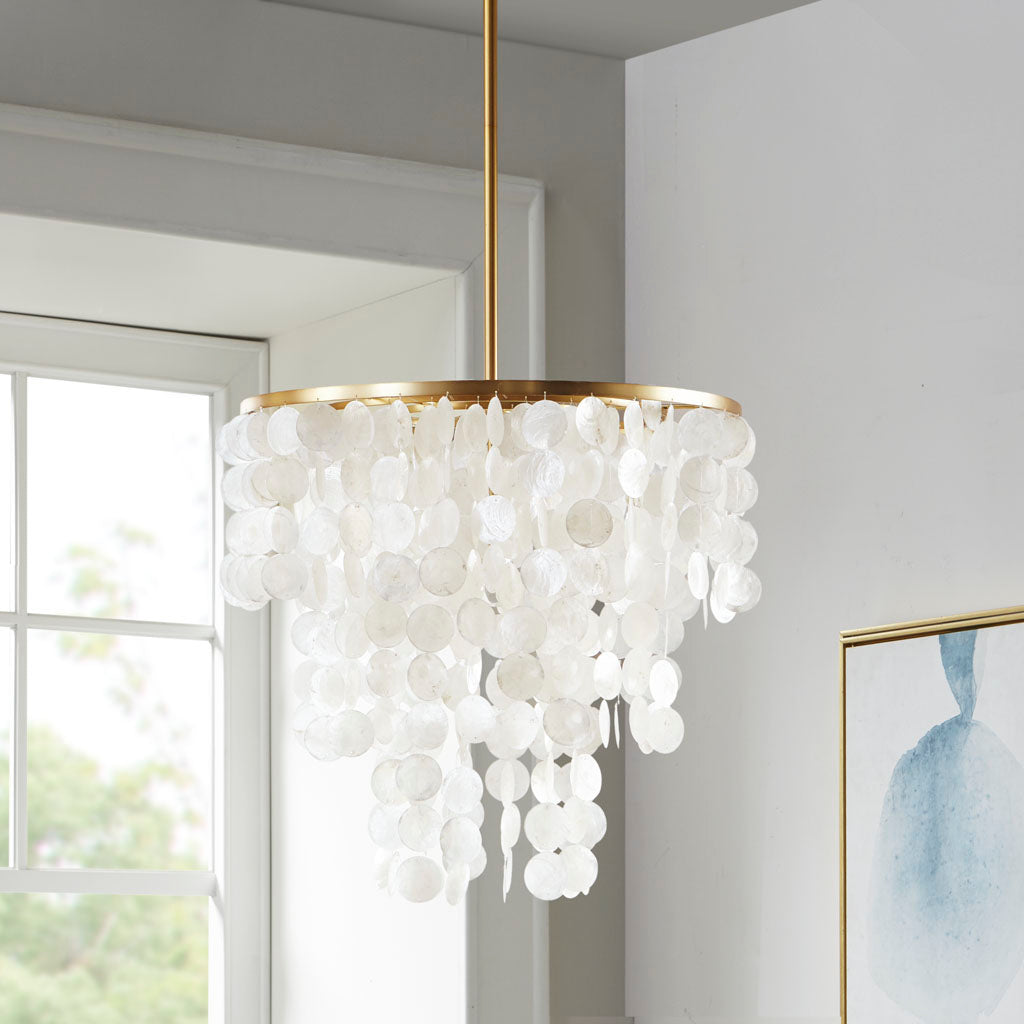 Layered Capiz Shell Chandelier | Coastal Pendant Light with Gold Base — 21" Wide, Dimmable, Dining Room, Living Room & Foyer