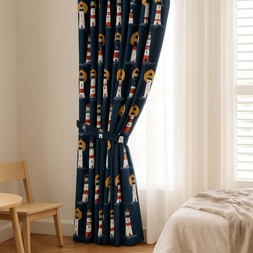 Lighthouse Navy Cotton Kids Curtains – Nautical Bedroom Drapes, Light-Filtering or 100 % Blackout-3