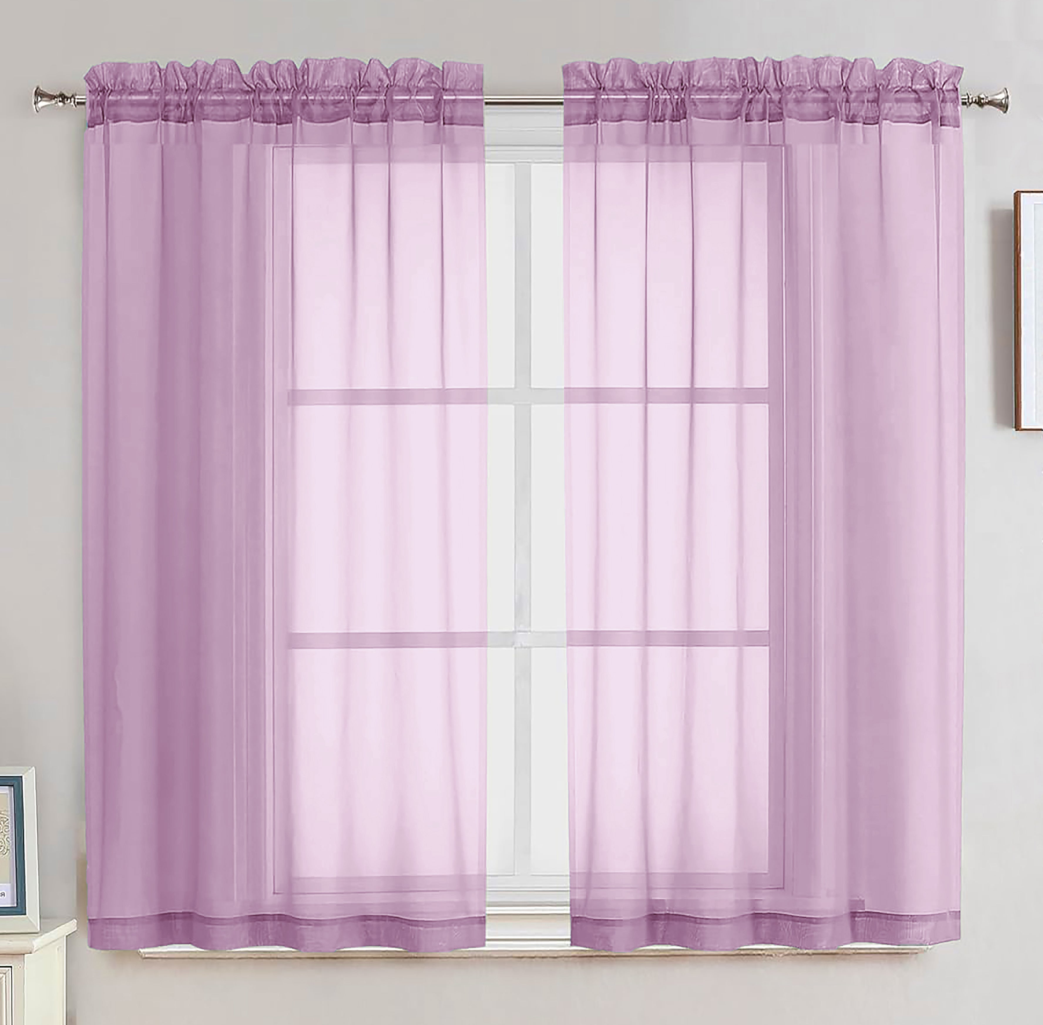 63" Inches Long - Lilac Sheer Window Rod Pocket Curtain Set (2 Panels)