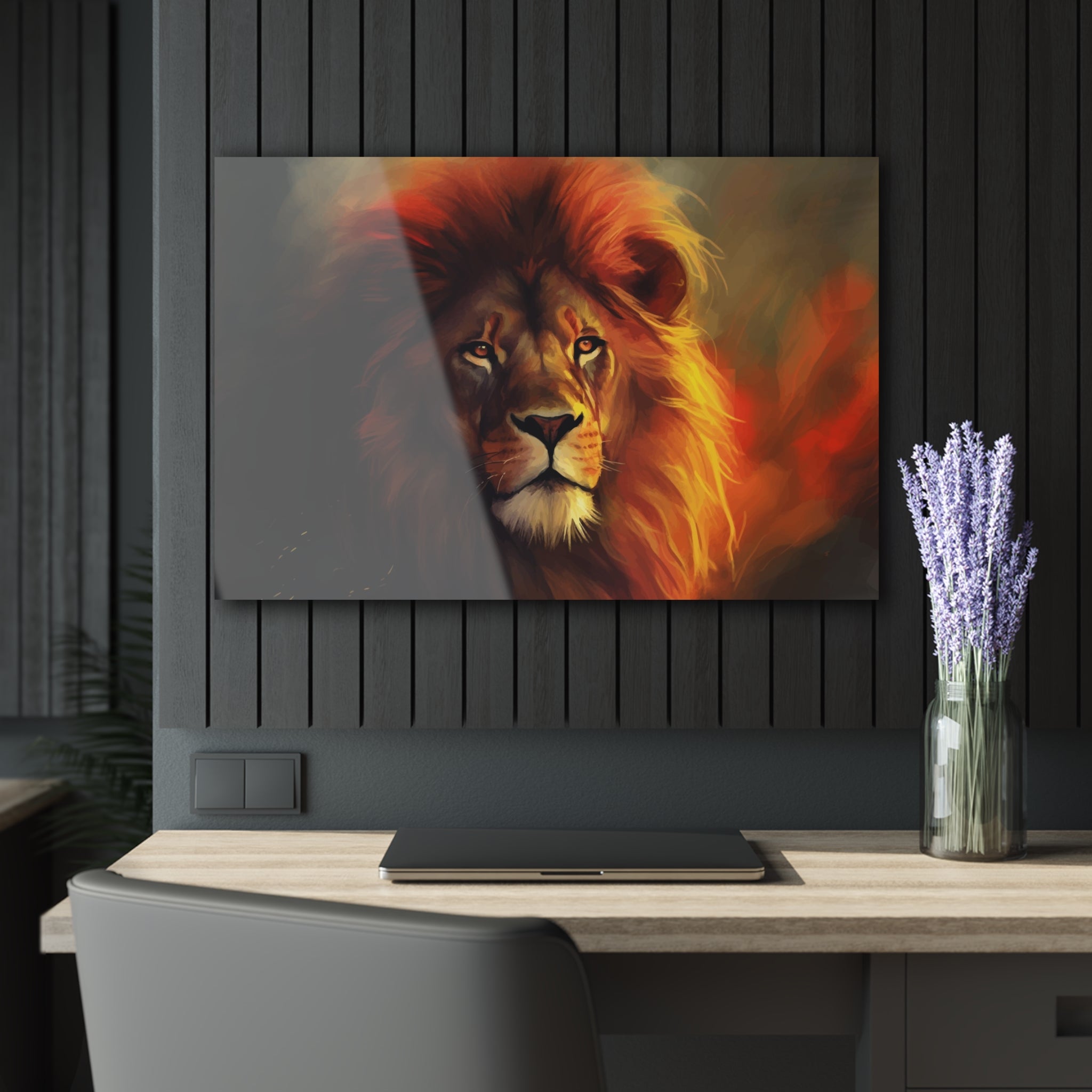 Lion painting wall art on black background