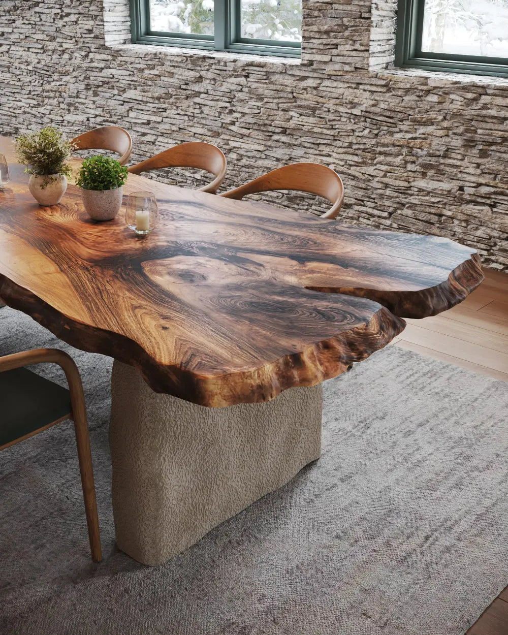 Wabi Sabi Style Luxury Solid Wood Walnut Table with Stone Inspired Legs