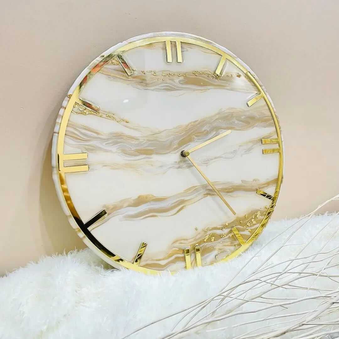 White and Golden Abstract Epoxy Resin Wall Clock For Home Decor-1