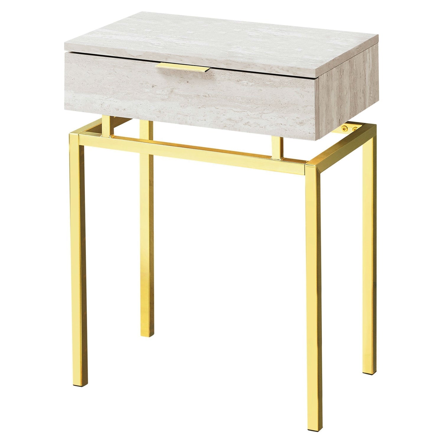 24in Modern End Table 1 Drawer Nightstand Beige Marble Gold Legs-0