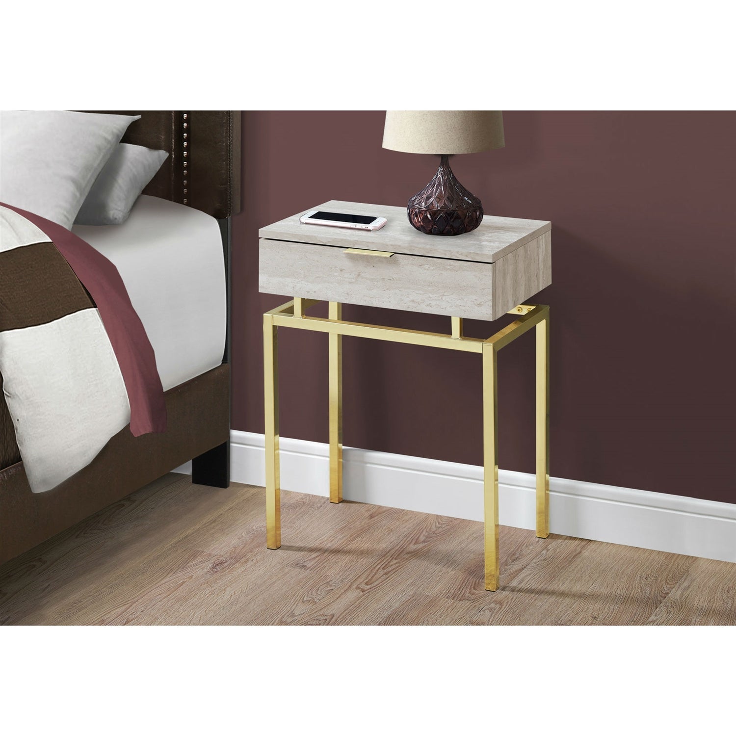 24in Modern End Table 1 Drawer Nightstand Beige Marble Gold Legs-2