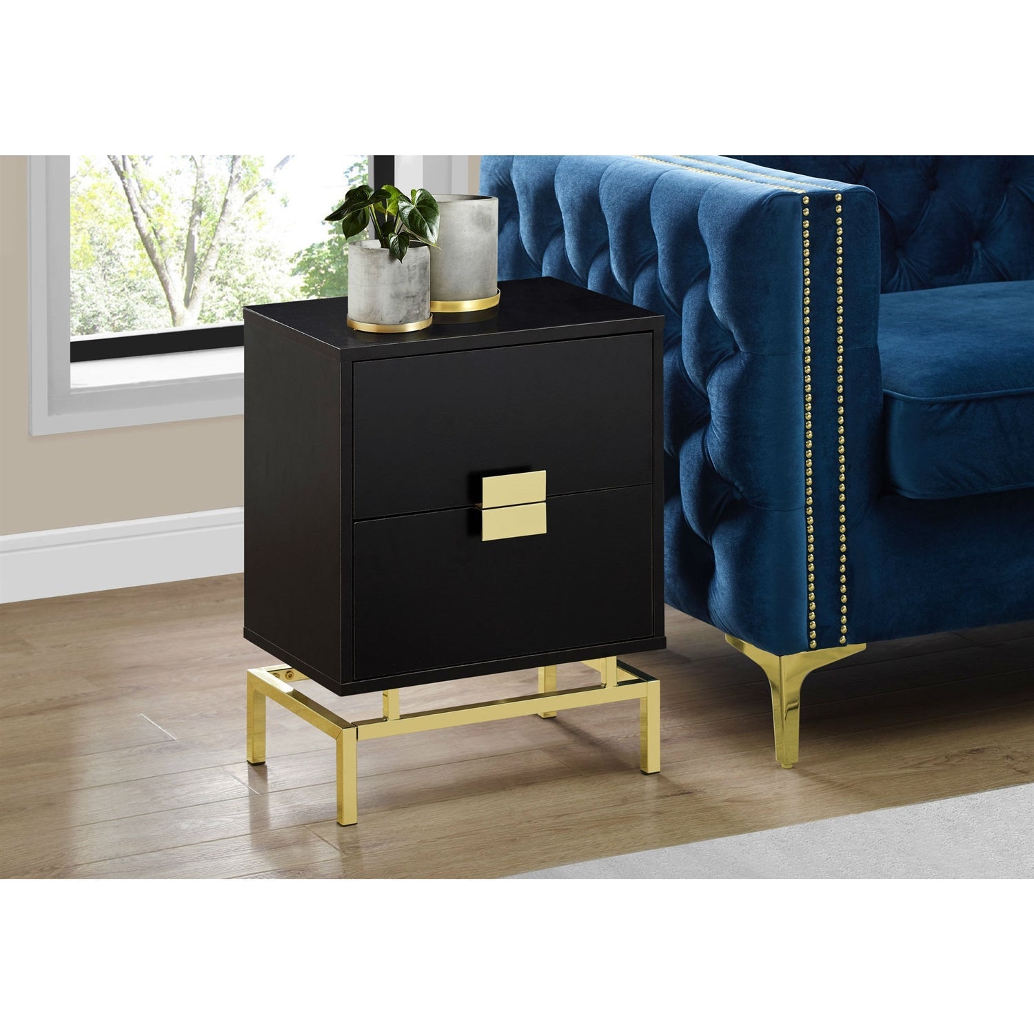 24in Retro 2 Drawer NightStand End Table Cappuccino with Gold Metal Legs-1