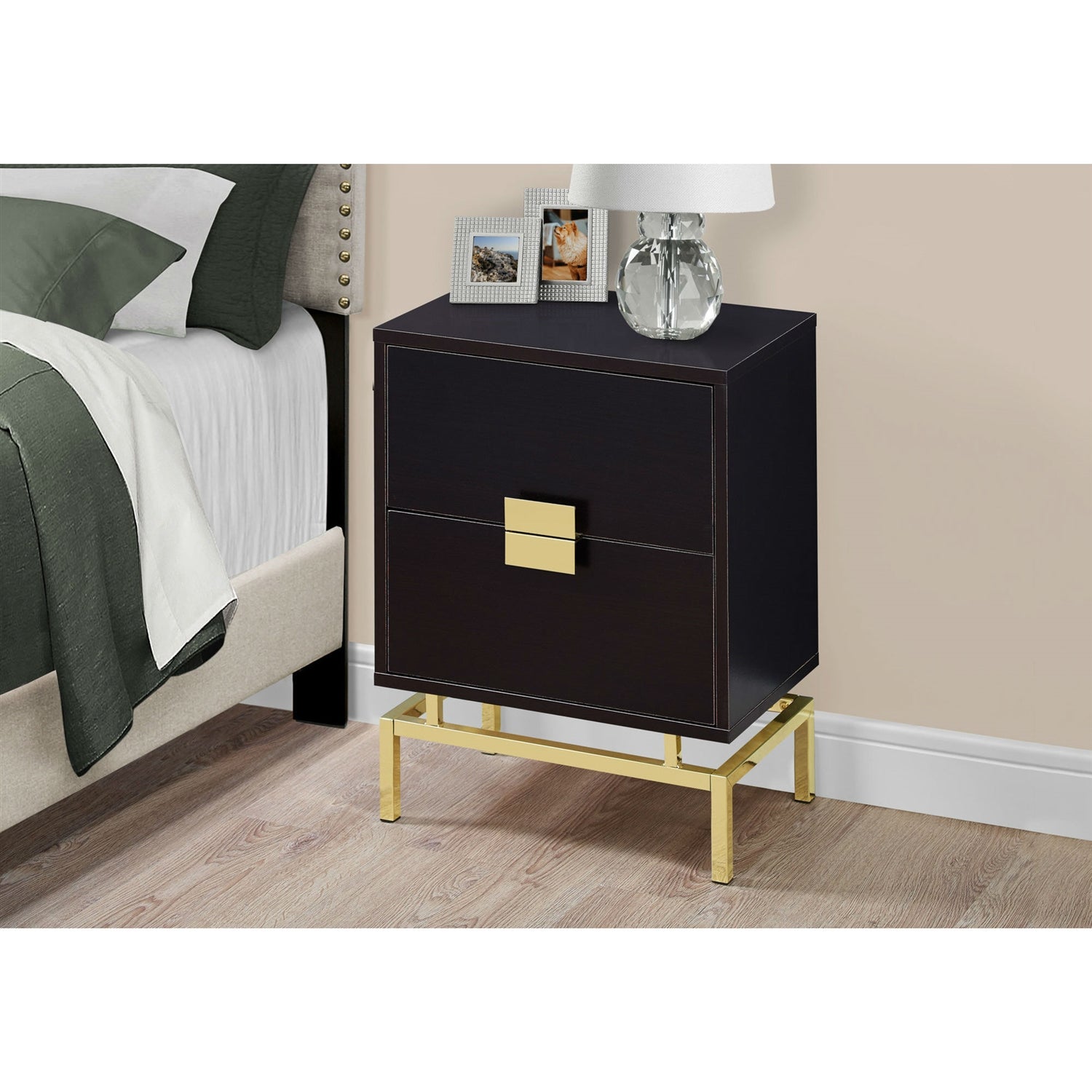 24in Retro 2 Drawer NightStand End Table Cappuccino with Gold Metal Legs-2