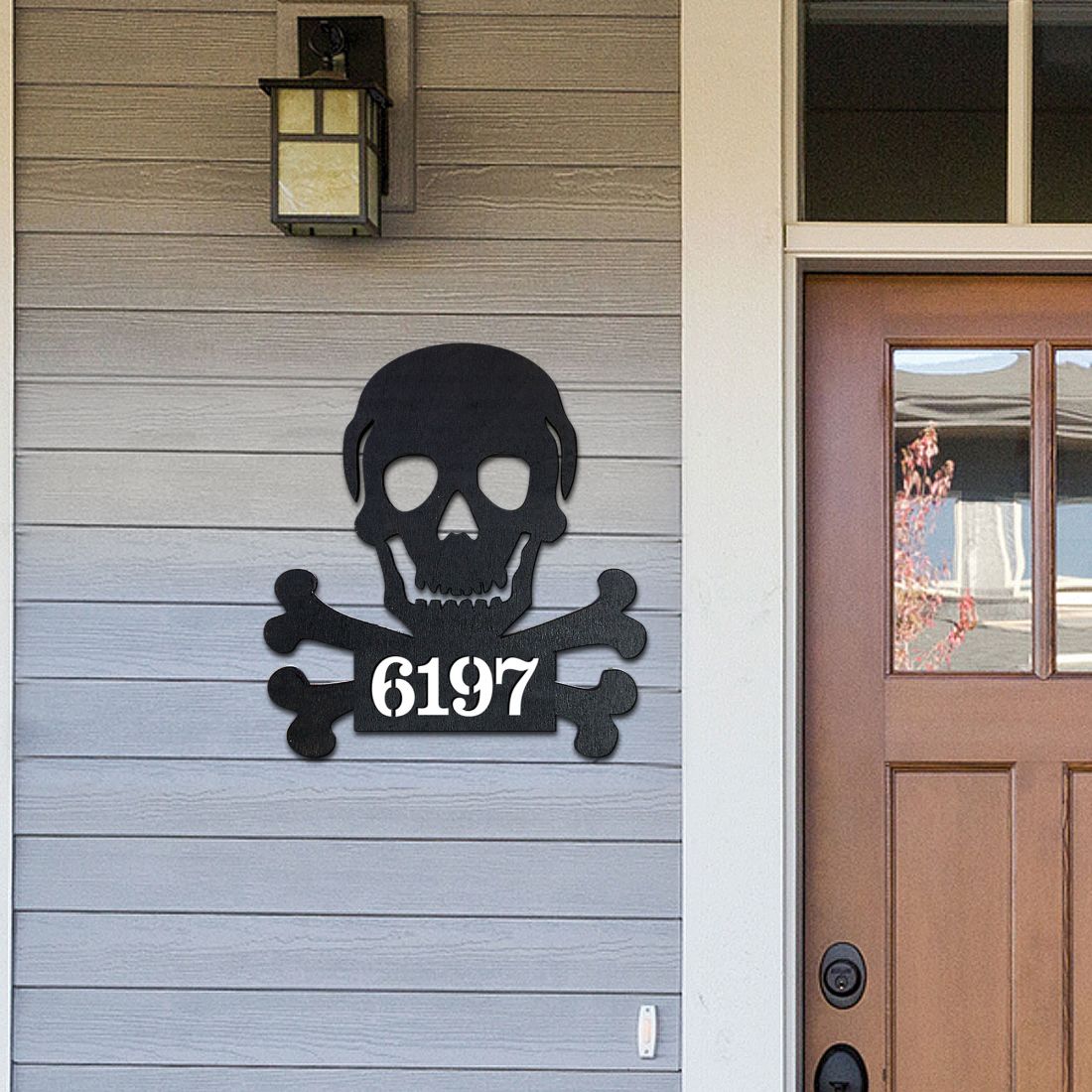 Skull and Bones Wooden House Number Sign by G. DeBrekht | Thanksgiving Halloween Décor - MA8198443-1