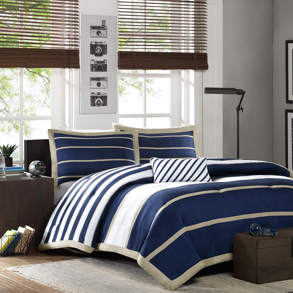 Full / Queen size Comforter Set in Navy Blue White Khaki Stripe-0