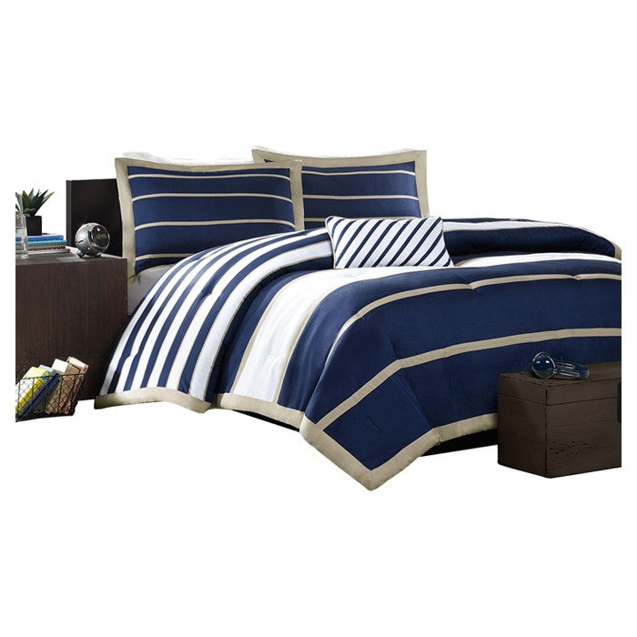 Full / Queen size Comforter Set in Navy Blue White Khaki Stripe-1