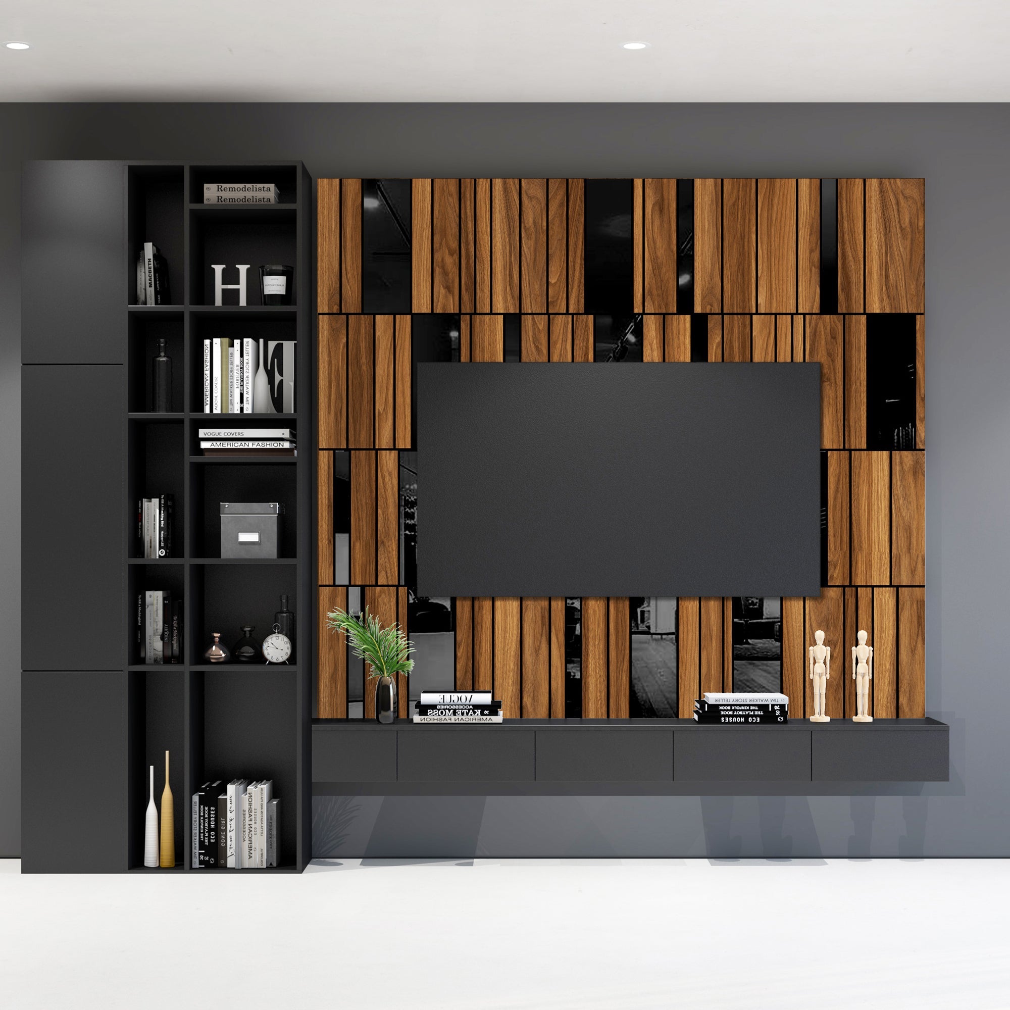 Dark Wood and Black Mirror Gloss 3D Wall Panels-3