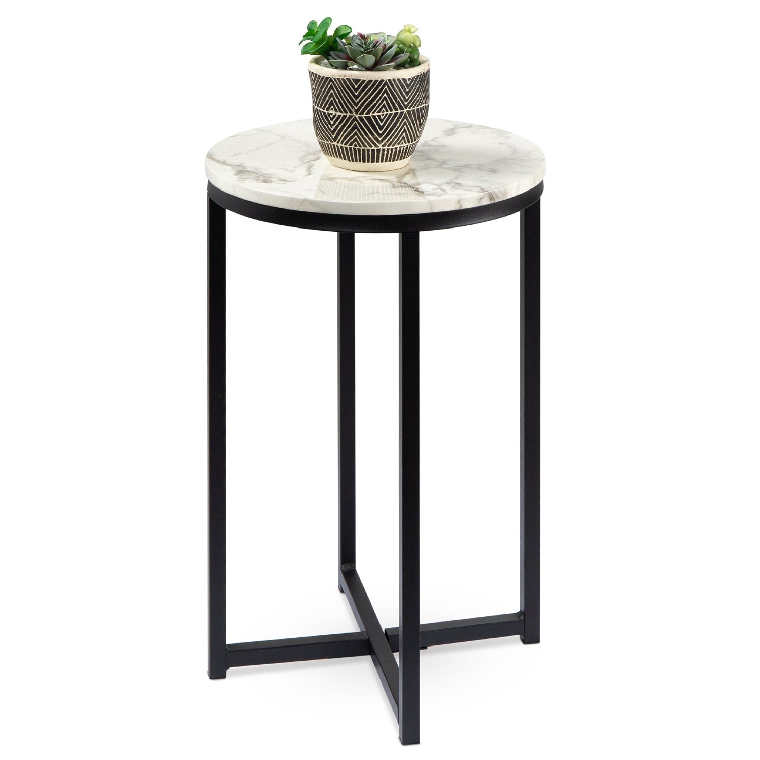 Round Cross Leg Design Coffee Side Table Nightstand with Faux Marble Top White/Matte Black-0