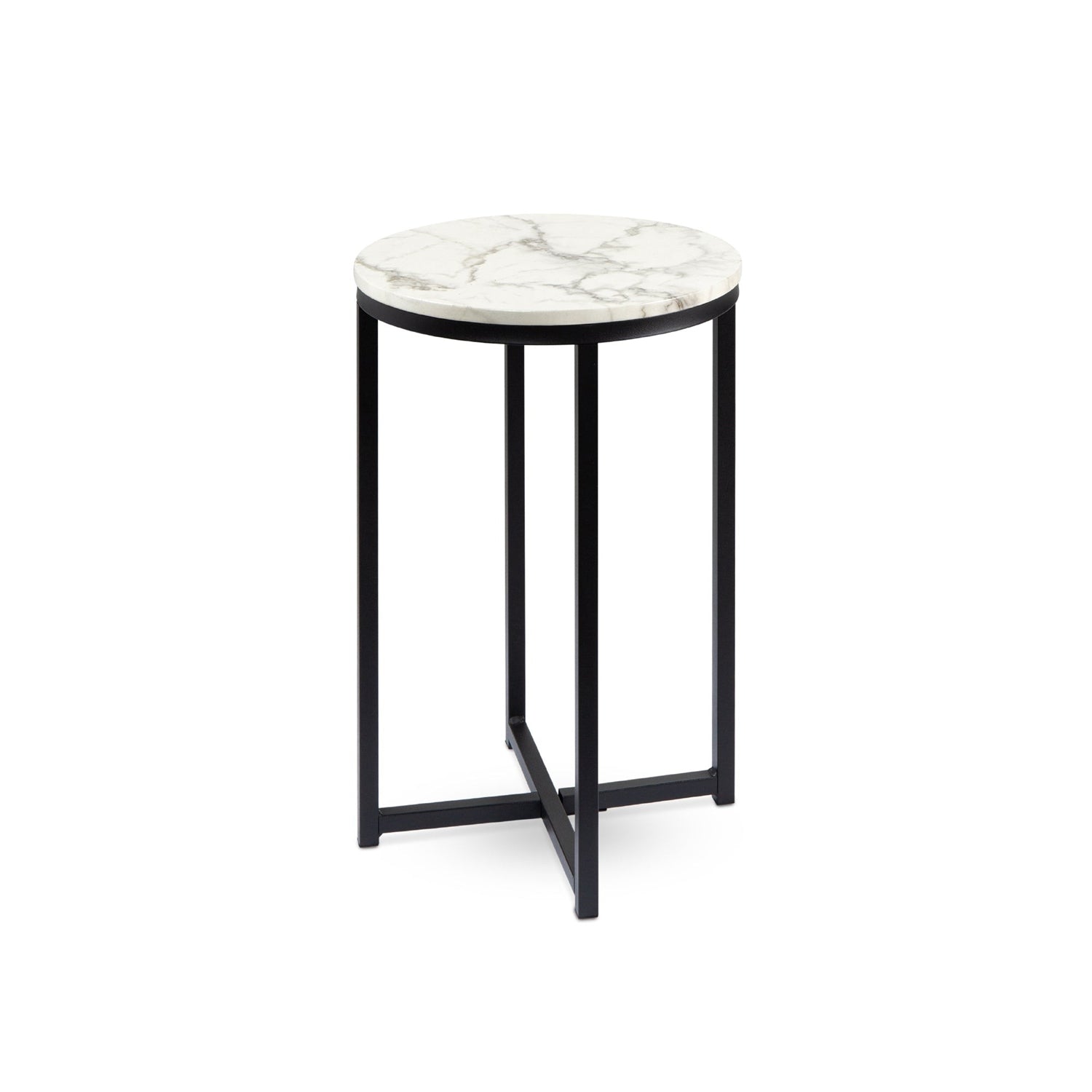 Round Cross Leg Design Coffee Side Table Nightstand with Faux Marble Top White/Matte Black-1