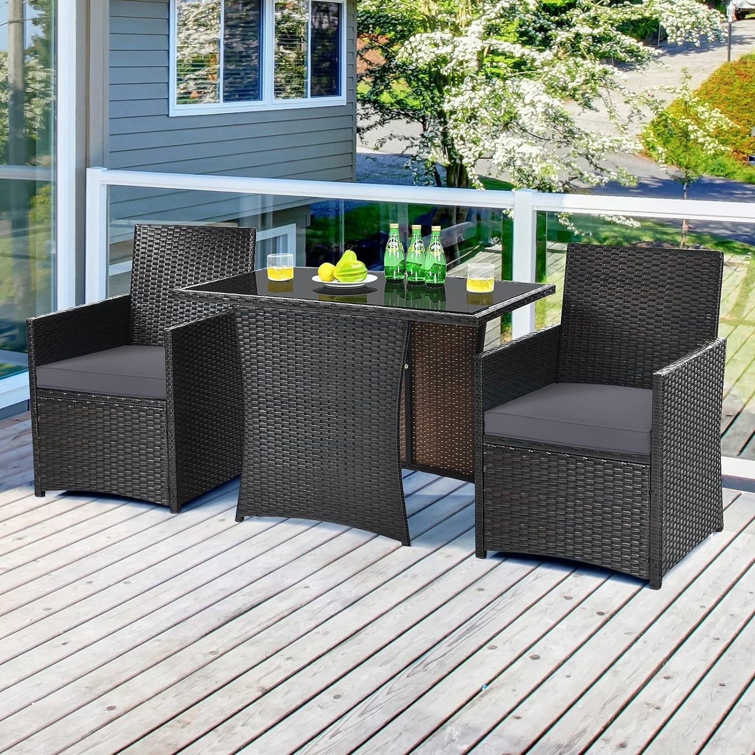 3-Piece Outdoor Patio Furniture Bistro Dining Set in Brown Grey PE Rattan-1