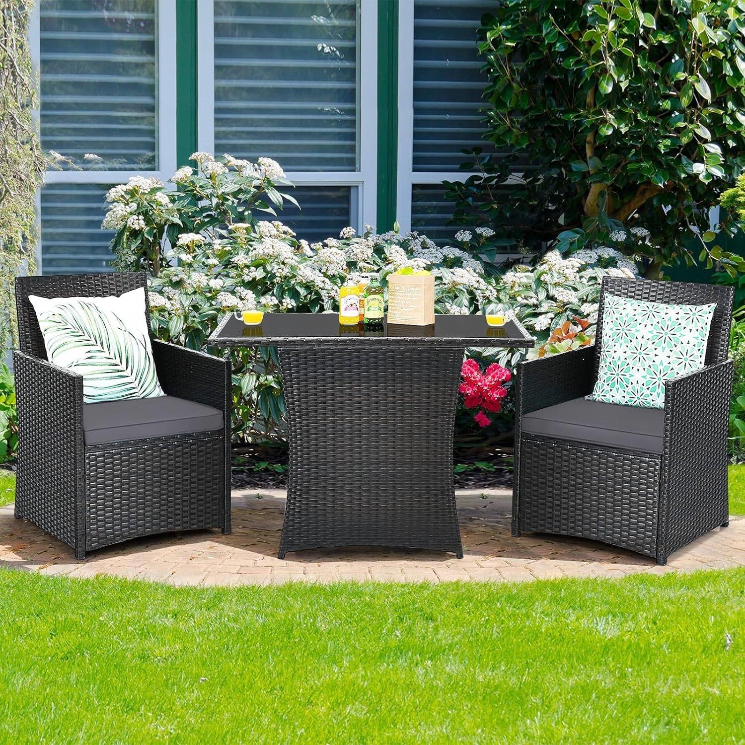 3-Piece Outdoor Patio Furniture Bistro Dining Set in Brown Grey PE Rattan-2