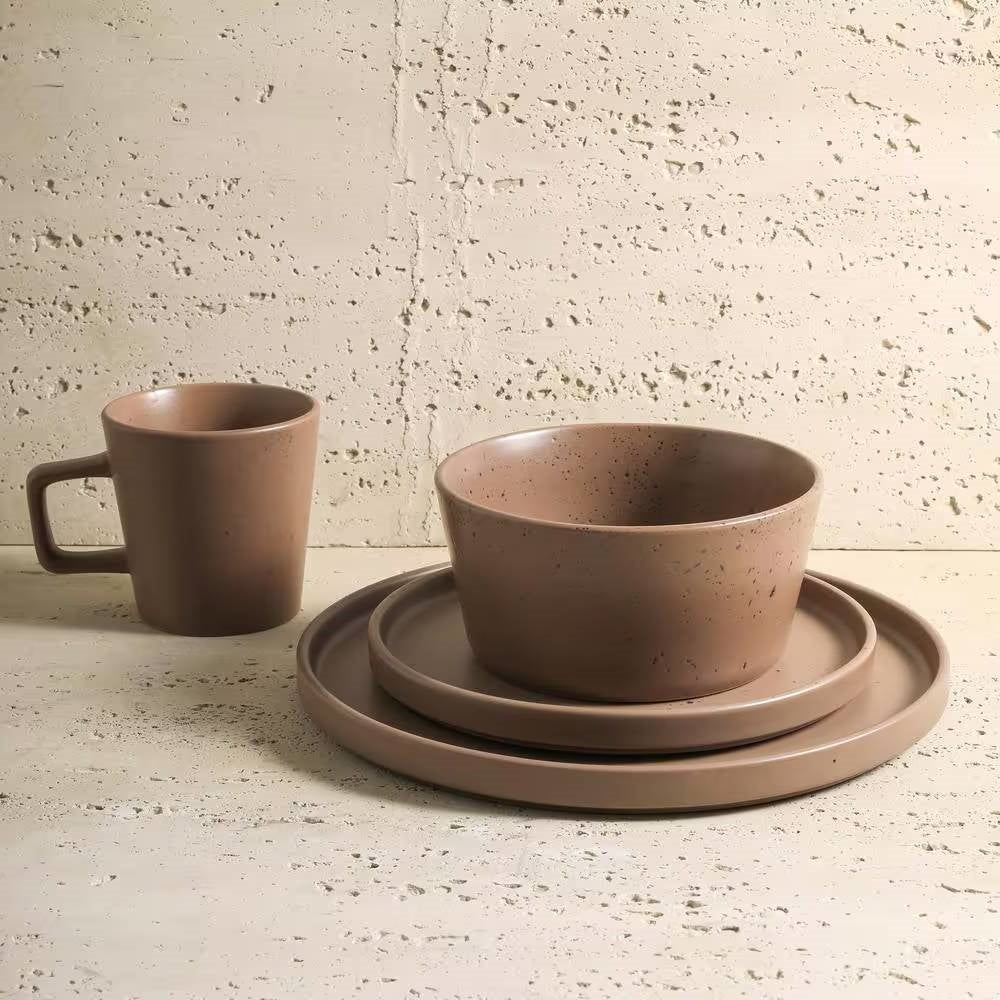 16-Piece Stoneware Dinnerware Set in Matte Brown - Service for 4-0