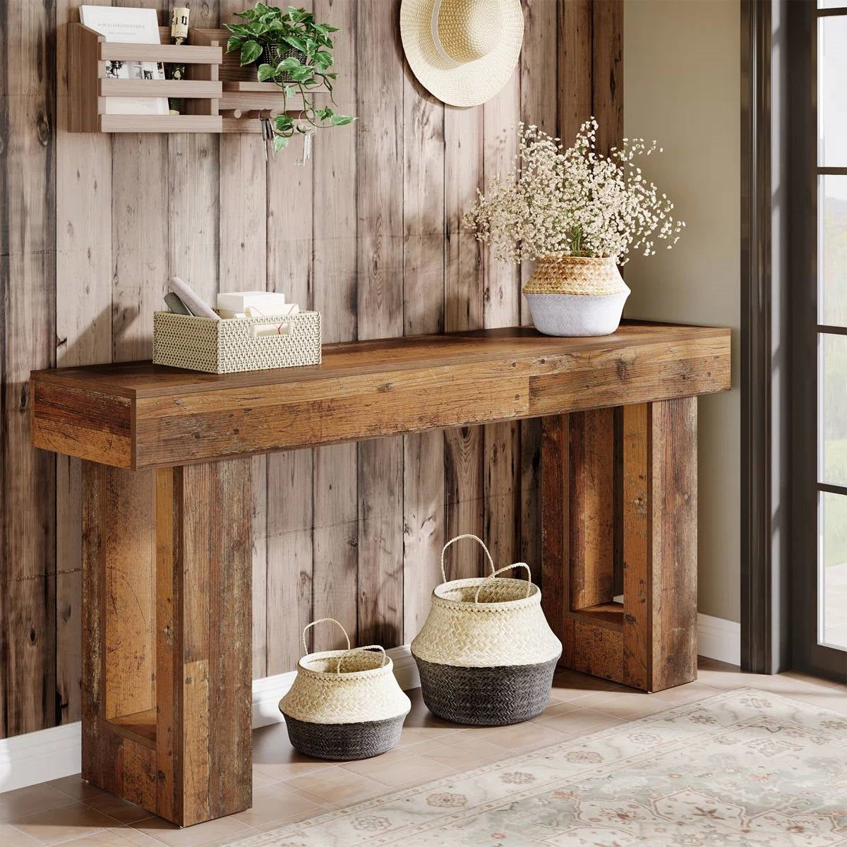 Modern Farmhouse 63-inch Entryway Console Sofa Table in Distressed Wood Finish-0