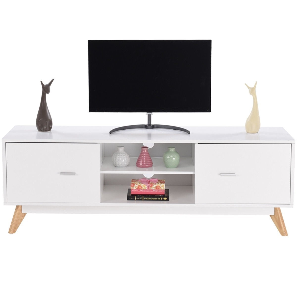 Modern Mid Century Style White TV Stand with Wood Legs-0