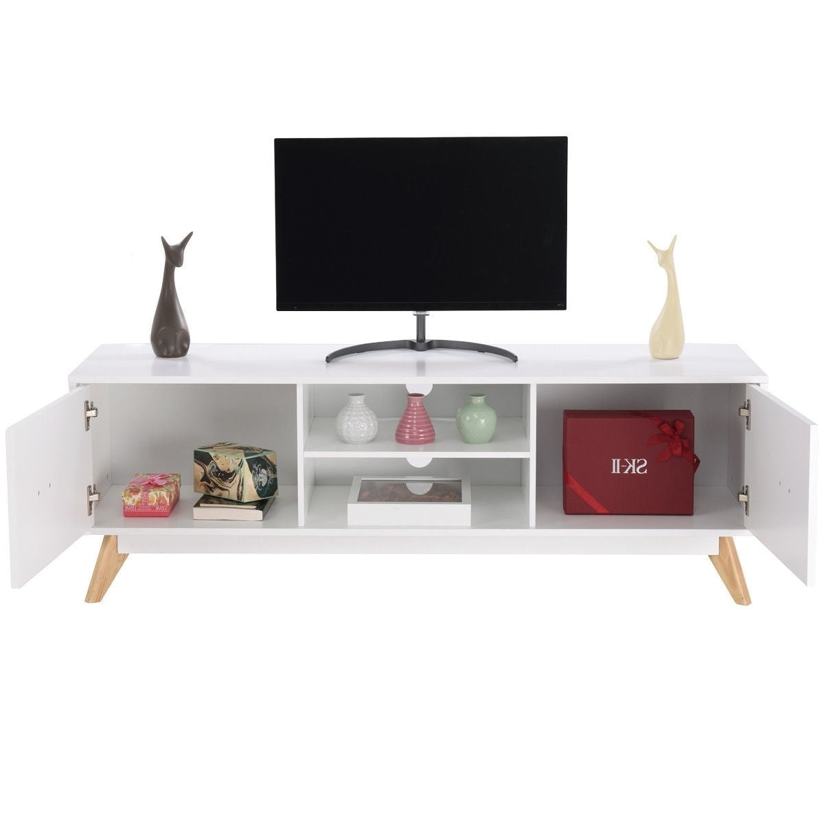 Modern Mid Century Style White TV Stand with Wood Legs-1